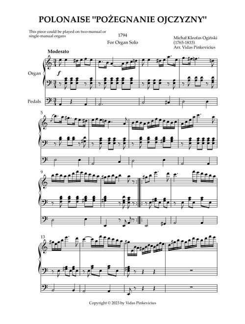 Polonaise "Poźegnanie ojczyzny" (arr. for Organ Solo) by Michał Kleofas Ogiński (Arr. Vidas Pinkevicius) (Organ)