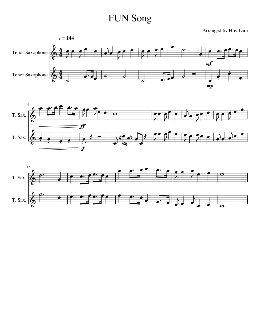 FUN song from spongebob for two saxophones Sheet music for Saxophone tenor  (Woodwind Duet) 