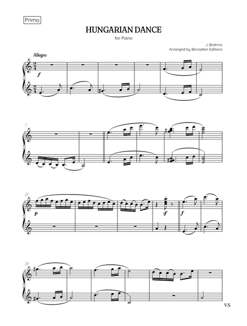 Brahms: Hungarian Dance No. 5 | piano four-hands sheet music (A minor) (Arr. Benzaiten Editions) - Johannes Brahms (Piano Duet)