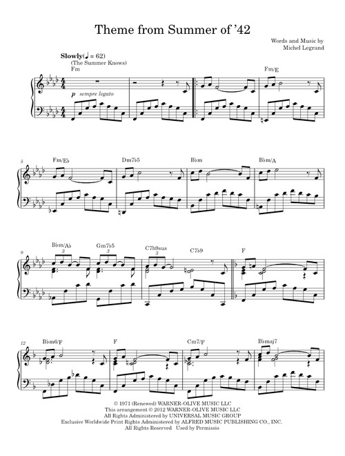Theme From Summer Of '42 (The Summer Knows) - Michel LeGrand (Piano Solo)