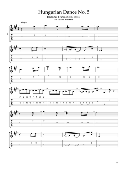 Hungarian Dance No. 5 for Flatpicking Guitar / Electric Guitar (Arr. Roni Seppänen) - Johannes Brahms (Guitar Tab)
