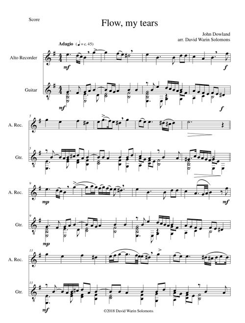 Flow my tears for alto recorder and guitar (with divisions) (Arr. David Warin Solomons) - John Dowland (Instrumental Duet)