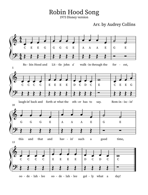 Robin Hood Song (Disney 1973 version) (Arr. Audrey Collins) - Roger Miller (Easy Piano)