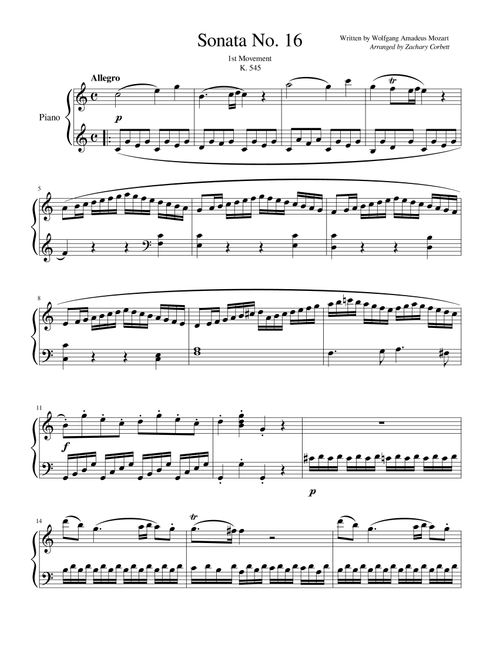 Sonata No. 16, 1st Movement K. 545 (Arr. Zachary Corbett) - Wolfgang Amadeus Mozart (Piano Solo)