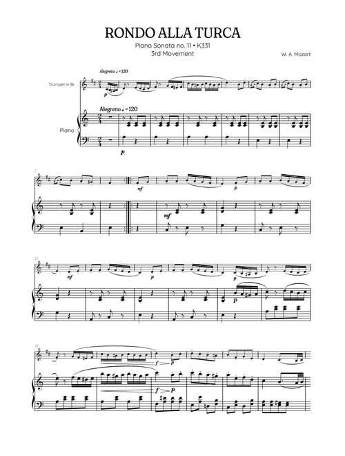 Rondo Alla Turca (Turkish March) • trumpet sheet music with piano accompaniment (Arr. Benzaiten Editions) - Wolfgang Amadeus Mozart (Trumpet and Piano)