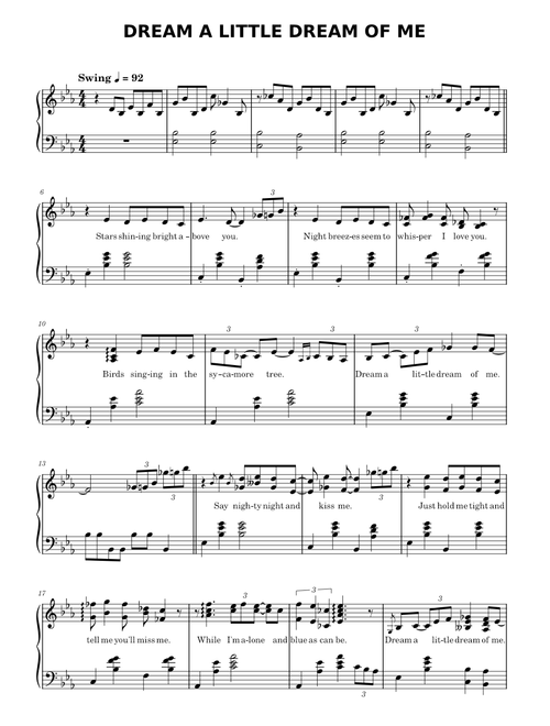 Dream A Little Dream Of Me – Wilbur Schwandt and Fabian Andre – piano with lyrics in E flat major.