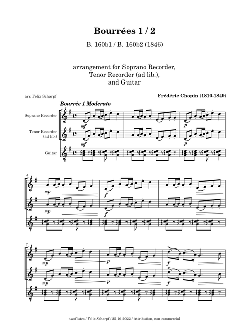 Bourrées 1 & 2 (B. 160) - Frédéric Chopin - arr. for Soprano Recorder - (Flute) Guitar