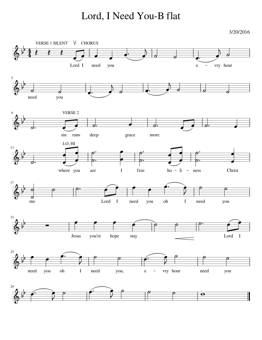 Lord, I Need You-B Flat Sheet Music For Piano (Solo) | Musescore.com