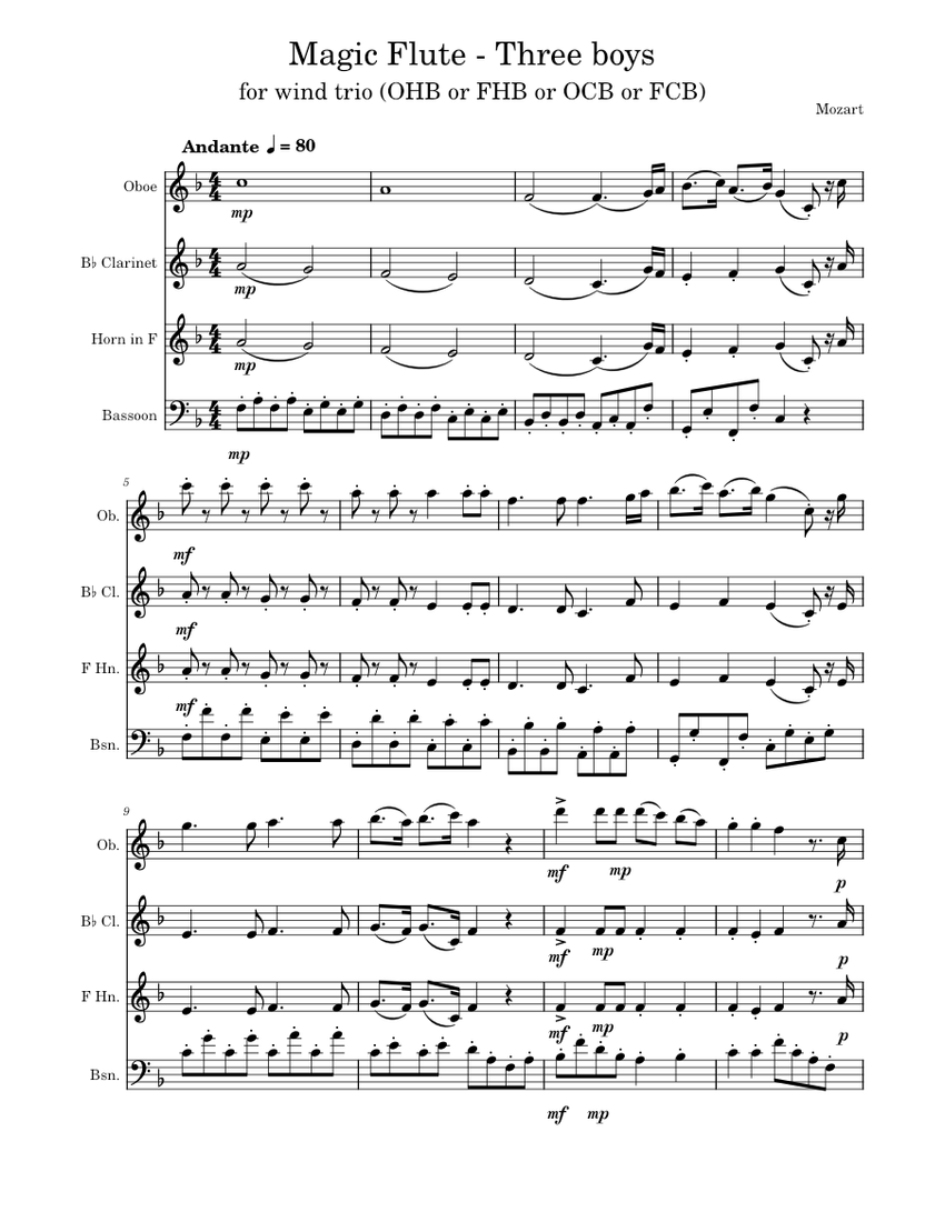 Three boys' excerpt from Magic Flute K620 - Mozart Sheet