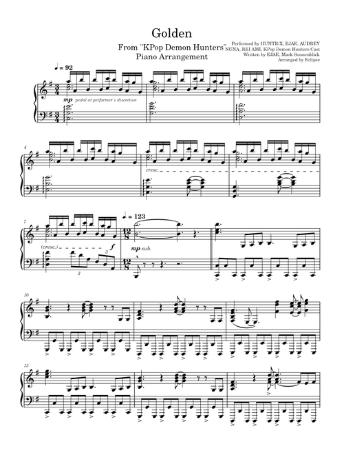 Golden – HUNTR/X - From KPop Demon Hunters - Piano Arrangement sheet music arranged by EclipseL01 for Piano Duo