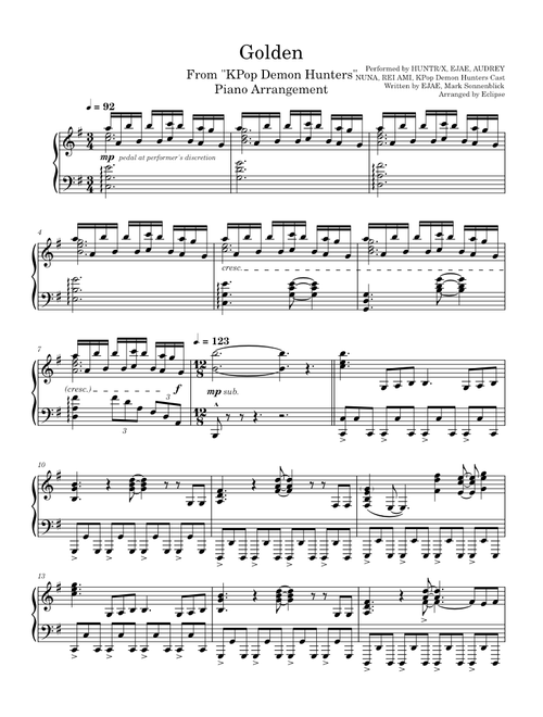 Golden – HUNTR/X - From KPop Demon Hunters - Piano Arrangement/Sheet Music
