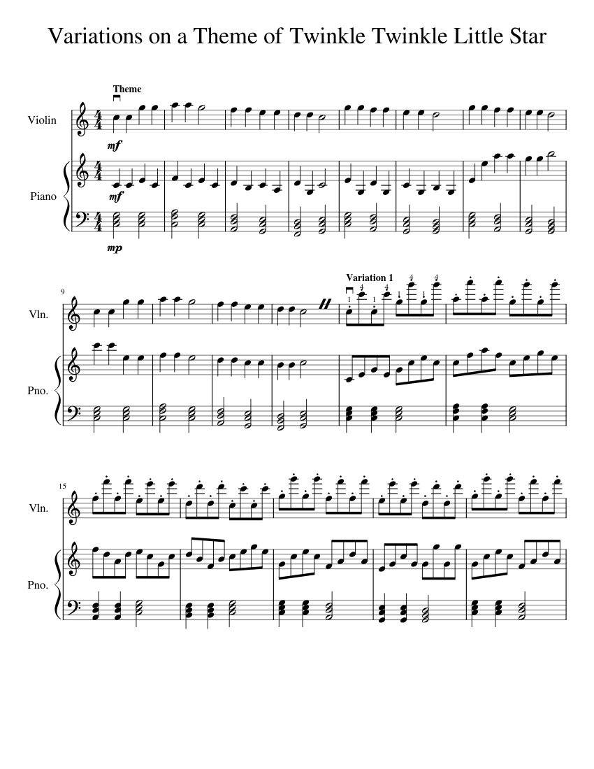 Twinkle twinkle little star 12 variations piano sheet top
