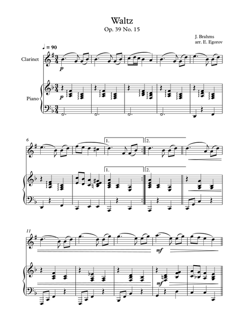 Waltz (Op. 39 No. 15), Johannes Brahms, For Clarinet & Piano (Arr. Eugene Egorov) (Clarinet and Piano)