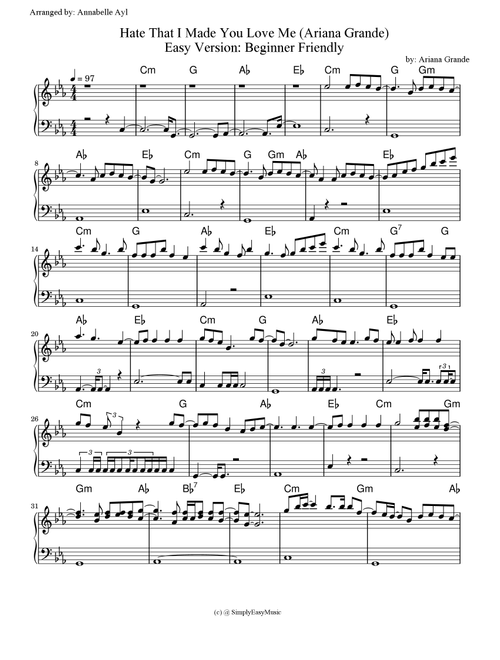 Hate That I Made You Love Me (Arr. Annabelle Ayl) - Ariana Grande (Easy Piano)