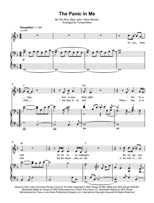 The Panic In Me (Arr. Tunescribers) - Tim Rice, Elton John, Hans Zimmer (Piano Vocal)