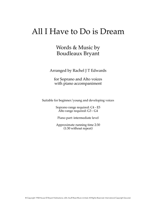 All I Have To Do Is Dream (Arr. Rachel J T Edwards) - The Everly Brothers (Voice Duet and Piano)