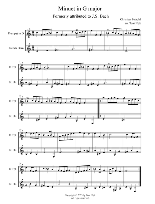 Minuet in G major, BWV Anh.114 (Petzold, Christian) for Trumpet in D & French Horn (Arr. Toni Nita) - Christian Petzold (Instrumental Duet)