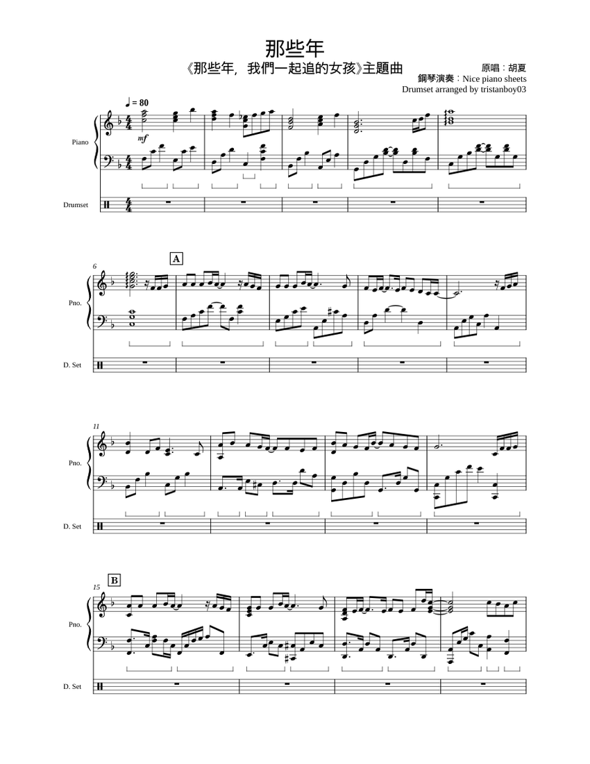 那些年– 胡夏Piano and drumset Sheet Music for Piano, Drum group