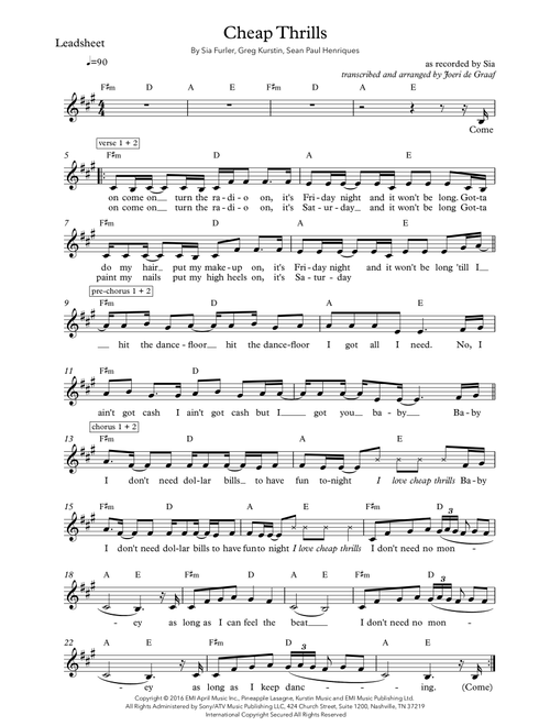 Cheap Thrills (feat. Sean Paul) (Arr. Joeri de Graaf) - Sia feat. Sean Paul (Lead Sheet - Fake Book)