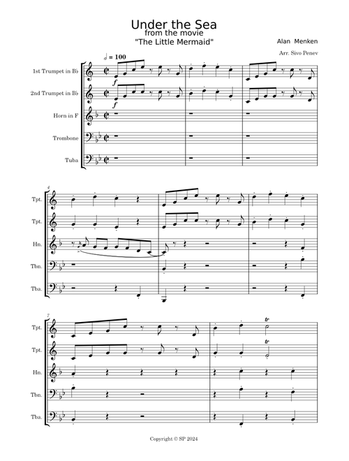 "Under the Sea" for Brass Quintet (from "The Little Mermaid") PDF SCORES