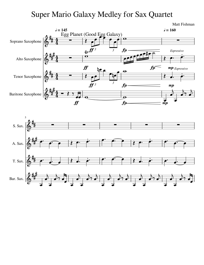 Super Mario Galaxy Medley for Sax Quartet Sheet Music for Saxophone ...