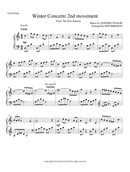 Winter second movement (Largo) from The Four Seasons by Vivaldi in C (just two F# lever changes) (Arr. Kim Kirkman) (Harp)