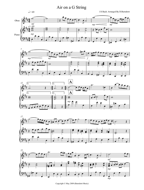 Air On A G String for Oboe And Piano (Arr. David Burndrett) - JS Bach (Instrumental Duet)