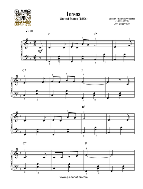 Lorena - Joseph Philbrick Webster (Easy Piano) (Arr. Bobby Cyr - Piano Notion) (Easy Piano)