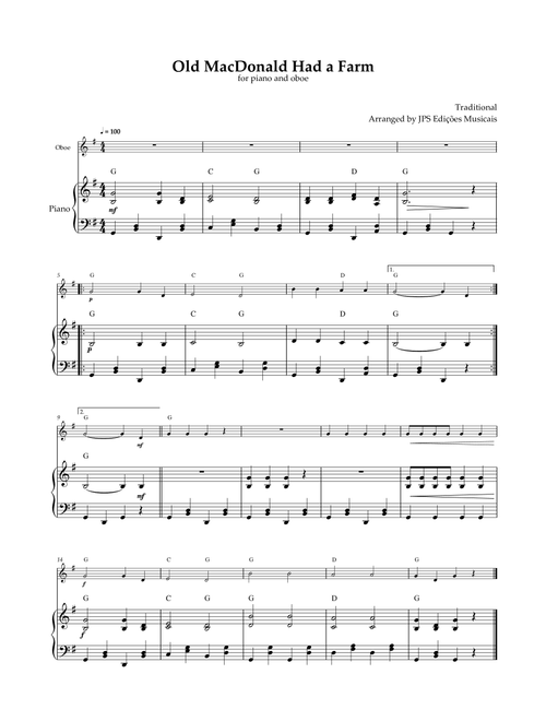 Old MacDonald Had A Farm - Oboe and Piano - Easy with Chords in F Major (Arr. JPS Edições Musicais) - Thomas D'Urfey (Oboe and Piano)