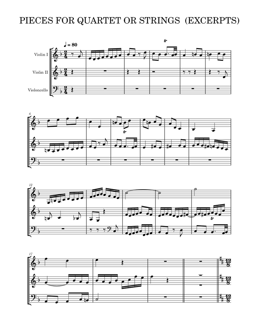 PIECES FOR QUARTET OR STRINGS (EXCERPTS) Sheet music for Violin, Cello (Mixed Trio)