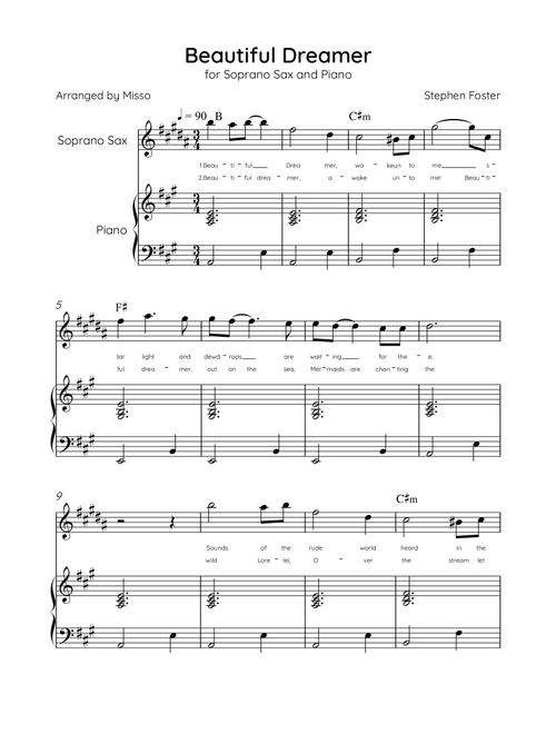 Beautiful Dreamer - Soprano Sax and Piano in A Major Easy - Lyrics & Chords (Version Tom Roush) (Arr. Misso) (Soprano Sax and Piano)