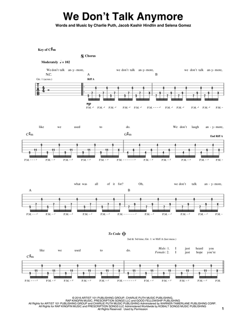 We Don't Talk Anymore - Charlie Puth feat. Selena Gomez (Guitar Rhythm Tab)