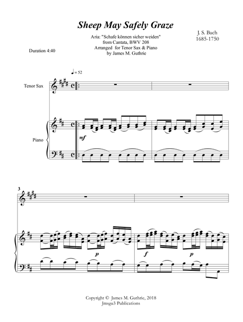 Bach: Sheep May Safely Graze for Tenor Sax & Piano (Arr. James M. Guthrie, ASCAP) - J. S. Bach (Tenor Sax and Piano)