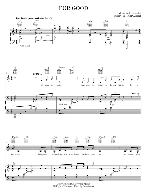 For Good (from Wicked) - Stephen Schwartz, Wicked Musical (Piano-Vocal-Guitar)