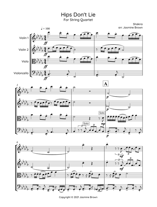 Hips Don't Lie (Arr. Jasmine Brown) - Shakira Featuring Wyclef Jean (String Quartet)