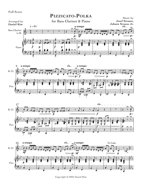 Pizzicato-Polka (Bass Clarinet & Piano) (Arr. Daniel Kim) - Johann Strauss Jr, Josef Strauss (Clarinet and Piano)