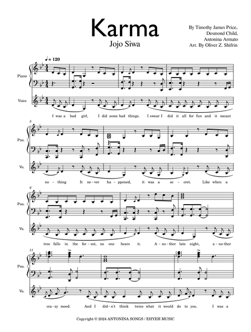 Karma (Arr. Oliver Z Shifrin) - Jojo Siwa (Piano Vocal)