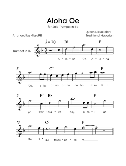 Aloha Oe - Solo Trumpet in Bb in Eb Major Easy With Lyrics & Chords (Arr. MissoRB) - Queen Liliʻuokalani (Trumpet Solo)