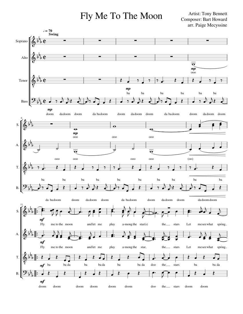 Fly Me to the Moon- SATB A cappella Sheet Music for Piano (Mixed