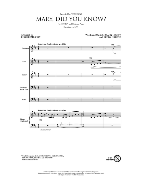 Mary, Did You Know? (arr. Roger Emerson) - Pentatonix, Kathy Mattea (Choral, SATBB)
