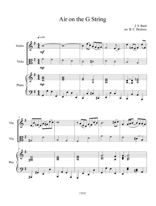 Air on the G String (Violin and Viola Duet with Piano Accompaniment) (Arr. B. C. Dockery) - J S Bach (Instrumental Duet and Piano)