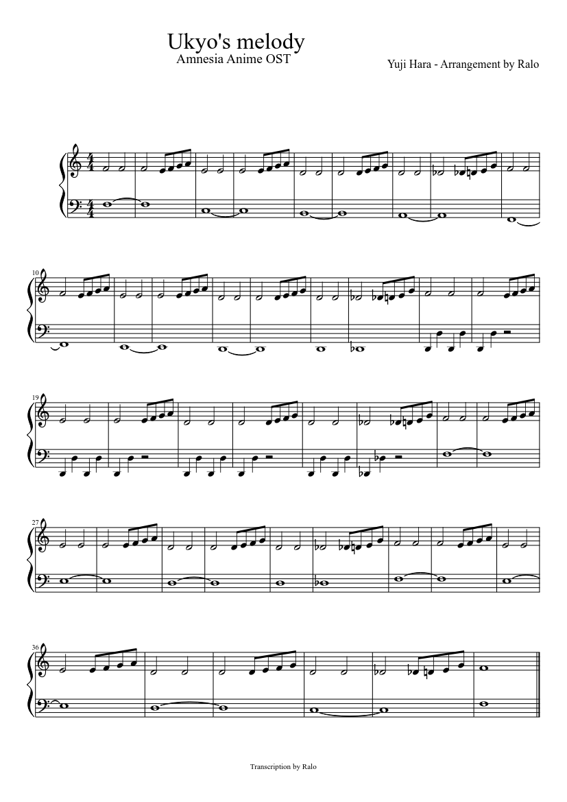 Ukyo's melody - Amnesia Anime Easy Version Sheet music for Piano (Solo) | Ukyo's melody - Amnesia Anime Easy Version Sheet music for Piano (Solo) |