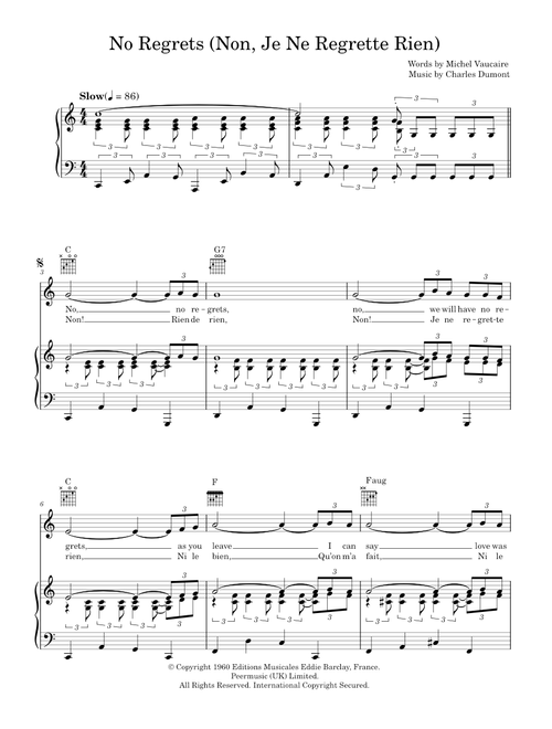 No Regrets (Non, Je Ne Regrette Rien) - Edith Piaf, Mack David (Piano-Vocal-Guitar (Piano Accompaniment))