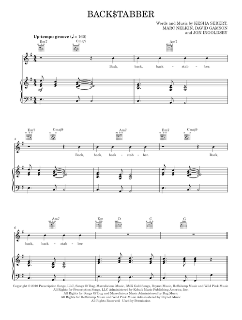 Back$tabber - 3OH!3, 3OH!3 featuring Ke$ha, Ke$ha (Piano-Vocal-Guitar)