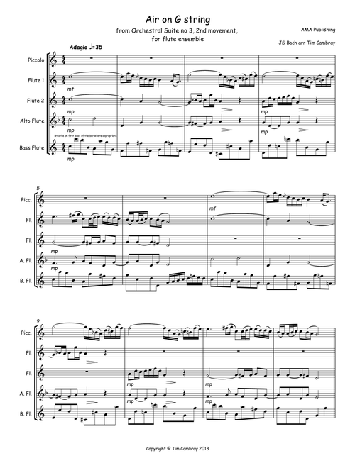 Air on a G String - for flute quintet (Arr. Tim Cambray) - JS Bach (Woodwind Ensemble)