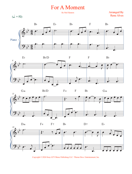 For A Moment (Arr. Rene Alves) - Neil Hannon (Easy Piano)