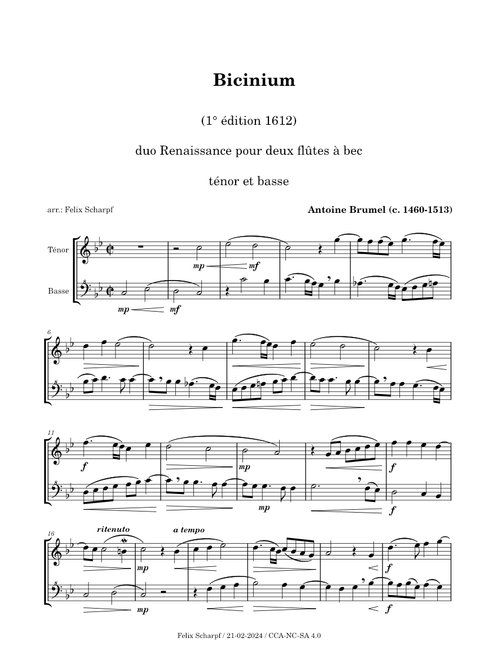 Bicinium - Antoine Brumel - Renaissance duet for 2 Recorders (TB)