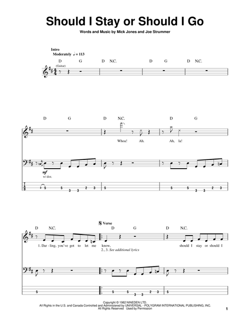 Should I Stay Or Should I Go - The Clash (Bass Tab)