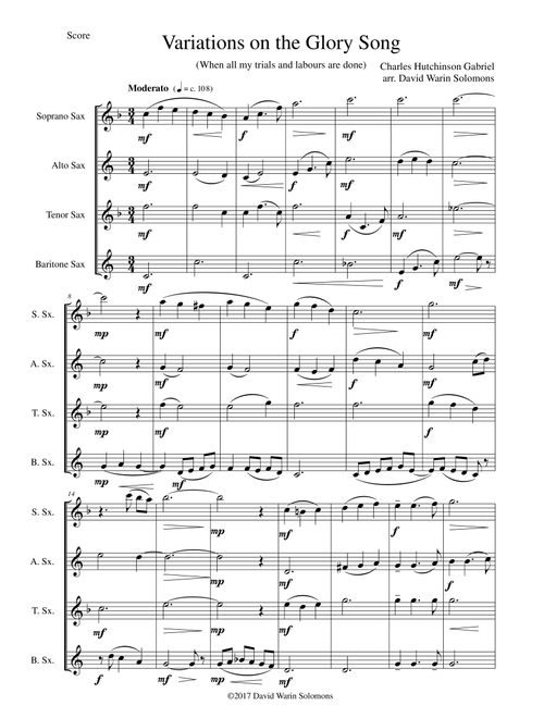 Variations on the Glory Song for saxophone quartet (Arr. David Warin Solomons) - Charles Hutchinson Gabriel (Woodwind Ensemble)