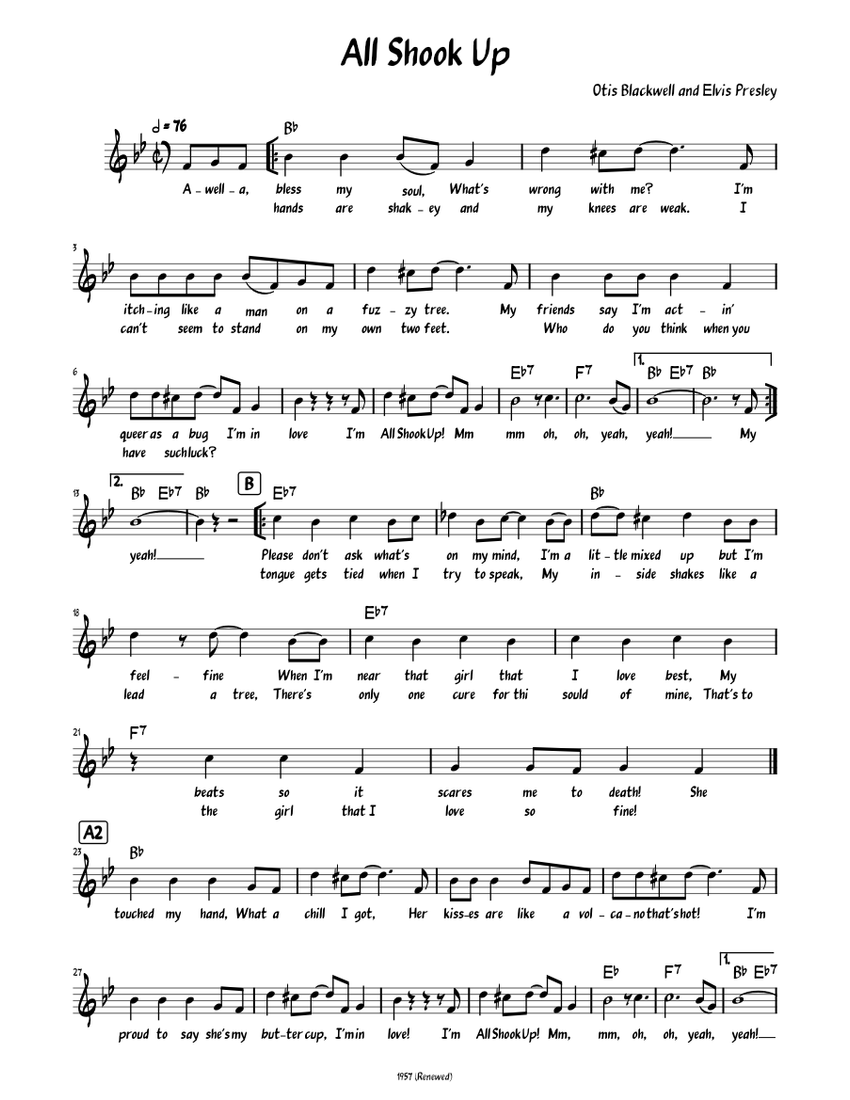 All shook up (Lead sheet with lyrics ) Sheet Music with Chords for Piano (Solo) easy | MuseScore.com